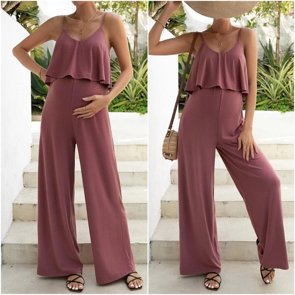 Maternity Ribbed Ruffle Wide leg Jumper Jumpsuit - Picture 1 of 3